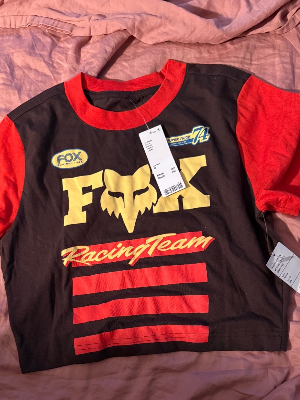 Cropped Fox Racing brown & red crop top with gold fox head logo